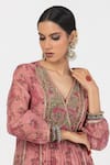 Shop_Pants and Pajamas_Pink Chanderi Mul Embroidery Floral V-neck Block Print Panelled Kurta _Online_at_Aza_Fashions