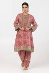 Buy_Pants and Pajamas_Pink Chanderi Mul Embroidery Floral Round Block Print Short Kurta _at_Aza_Fashions