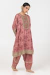 Buy_Pants and Pajamas_Pink Chanderi Mul Embroidery Floral Round Block Print Short Kurta _Online_at_Aza_Fashions