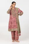 Pants and Pajamas_Pink Chanderi Mul Embroidery Floral Round Block Print Short Kurta _at_Aza_Fashions