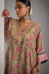 Buy_Pants and Pajamas_Green Modal Silk Embroidery Floral V-neck Thread Kurta _Online_at_Aza_Fashions