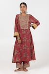 Buy_Pants and Pajamas_Maroon Chanderi Mul Embroidery Floral Round Panelled Kurta _at_Aza_Fashions