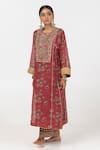 Buy_Pants and Pajamas_Maroon Chanderi Mul Embroidery Floral Round Panelled Kurta _Online_at_Aza_Fashions