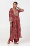 Buy_Pants and Pajamas_Maroon Chanderi Mul Embroidery Floral Notched Block Print Gathered Kurta _at_Aza_Fashions