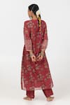 Shop_Pants and Pajamas_Maroon Chanderi Mul Embroidery Floral Notched Block Print Gathered Kurta _at_Aza_Fashions