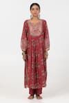 Pants and Pajamas_Maroon Chanderi Mul Embroidery Floral Notched Block Print Gathered Kurta _at_Aza_Fashions