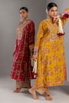 Pants and Pajamas_Maroon Chanderi Mull Embroidred Sequins Round Flower Block Print Kurta Set _Online_at_Aza_Fashions