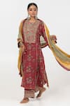 Pants and Pajamas_Maroon Chanderi Mull Embroidred Sequins Round Flower Block Print Kurta Set _Online