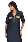 Buy_Richaa Goenka_Blue Cotton Hand Embroidered Studs Collar Pocket Dress _at_Aza_Fashions