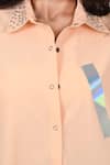 Richaa Goenka_Peach Cotton Print Text Collared Neck Holographic Life Shirt _Online_at_Aza_Fashions