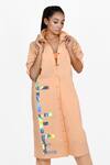 Shop_Richaa Goenka_Peach Cotton Print Text Collared Neck Holographic Life Dress _at_Aza_Fashions