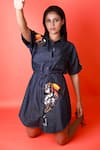 Shop_Richaa Goenka_Blue Cotton Embroidery Collared Toucan Hand Dress _at_Aza_Fashions
