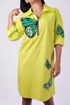 Shop_Richaa Goenka_Green Cotton Hand Embroidered Sequin Collared Butterfly Pattern Dress _at_Aza_Fashions