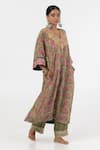 Shop_Pants and Pajamas_Green Modal Silk Embroidered Floral Blunt V Block Print A-line Kurta With Pant _Online_at_Aza_Fashions