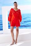 Buy_House of Zeniaa_Red Embroidered Pearl Off Shoulder Knotted Top With Shorts _at_Aza_Fashions