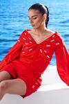 Buy_House of Zeniaa_Red Embroidered Pearl Off Shoulder Knotted Top With Shorts _Online_at_Aza_Fashions