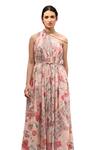 Buy_Sage Saga_Pink Mul Printed Floral One Shoulder Barkha Dress 