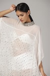 Rina Dhaka_White Georgette Embroidered Sequin High Neck Kaftan _Online_at_Aza_Fashions