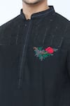 Kishore Ramani_Black Handloom Silk Embroidery Rose Square Grid Neck Yoke Kurta With Churidar _Online_at_Aza_Fashions