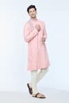 Buy_Kishore Ramani_Peach Handloom Silk Embroidery Bloom Vine Kurta _at_Aza_Fashions