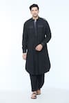 Buy_Kishore Ramani_Black Handloom Silk Plain Stitchline Placket Work Pathani Kurta With Salwar _at_Aza_Fashions