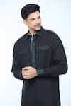 Shop_Kishore Ramani_Black Handloom Silk Plain Stitchline Placket Work Pathani Kurta With Salwar _Online_at_Aza_Fashions