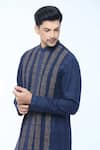 Shop_Kishore Ramani_Blue Handloom Silk Embroidery Gul Vine Striped Kurta With Churidar _Online_at_Aza_Fashions