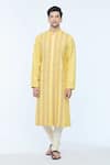 Kishore Ramani_Yellow Handloom Silk Embroidery Gul Vine Striped Phool Kurta With Churidar _Online_at_Aza_Fashions