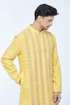 Shop_Kishore Ramani_Yellow Handloom Silk Embroidery Gul Vine Striped Phool Kurta With Churidar _Online_at_Aza_Fashions