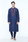 Kishore Ramani_Blue Handloom Silk Embroidery Floral Vine Kurta With Churidar _Online_at_Aza_Fashions