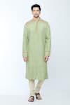 Kishore Ramani_Green Handloom Silk Embroidery Mosaic Bloom Kurta With Churidar _Online_at_Aza_Fashions