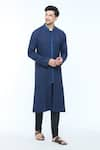 Buy_Kishore Ramani_Blue Handloom Silk Piping Chevron Placket Woven Panelled Kurta _at_Aza_Fashions