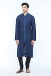 Kishore Ramani_Blue Handloom Silk Piping Chevron Placket Woven Panelled Kurta _Online_at_Aza_Fashions