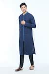 Buy_Kishore Ramani_Blue Handloom Silk Piping Chevron Placket Woven Panelled Kurta _Online_at_Aza_Fashions