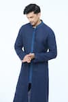 Shop_Kishore Ramani_Blue Handloom Silk Piping Chevron Placket Woven Panelled Kurta _Online_at_Aza_Fashions