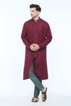 Buy_Kishore Ramani_Maroon Handloom Silk Piping Chevron Placket Woven Panelled Kurta With Trouser _at_Aza_Fashions