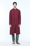 Kishore Ramani_Maroon Handloom Silk Piping Chevron Placket Woven Panelled Kurta With Trouser _Online_at_Aza_Fashions