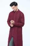 Shop_Kishore Ramani_Maroon Handloom Silk Piping Chevron Placket Woven Panelled Kurta With Trouser _Online_at_Aza_Fashions