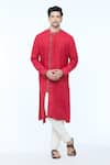 Buy_Kishore Ramani_Red Handloom Silk Pashmina Border Asymmetric Kurta With Churidar _at_Aza_Fashions