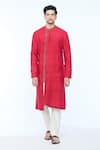 Kishore Ramani_Red Handloom Silk Pashmina Border Asymmetric Kurta With Churidar _Online_at_Aza_Fashions