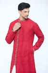 Shop_Kishore Ramani_Red Handloom Silk Pashmina Border Asymmetric Kurta With Churidar _Online_at_Aza_Fashions