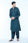 Buy_Kishore Ramani_Blue Handloom Silk Textured Stitchline Placket Work Pathani Kurta With Salwar _at_Aza_Fashions