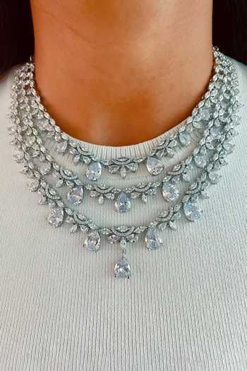 Buy_PRERTO_White Stones, Diamonds Floret Drop Studded Layered Necklace Set _at_Aza_Fashions