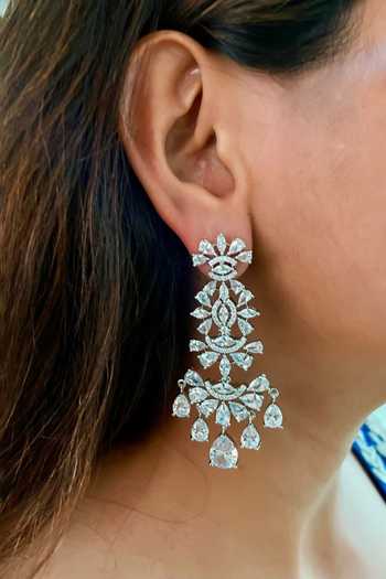 Shop_PRERTO_White Stones, Diamonds Floret Drop Studded Layered Necklace Set _at_Aza_Fashions