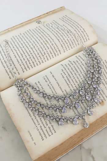 PRERTO_White Stones, Diamonds Floret Drop Studded Layered Necklace Set _Online_at_Aza_Fashions