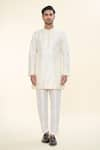 RNG Safawala_Off White Raw Silk Embroidered Geometric Kurta Set With Bundi _at_Aza_Fashions