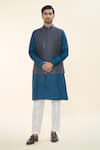 Buy_RNG Safawala_Blue Raw Silk Embroidered Thread Kurta Set With Nehru Jacket _at_Aza_Fashions