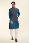 RNG Safawala_Blue Raw Silk Embroidered Thread Kurta Set With Nehru Jacket _Online_at_Aza_Fashions