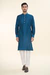 RNG Safawala_Blue Raw Silk Embroidered Thread Kurta Set With Nehru Jacket _at_Aza_Fashions