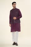 Shop_RNG Safawala_Wine Terry Silk Embroidered Thread Solid Kurta Set With Nehru Jacket _Online_at_Aza_Fashions